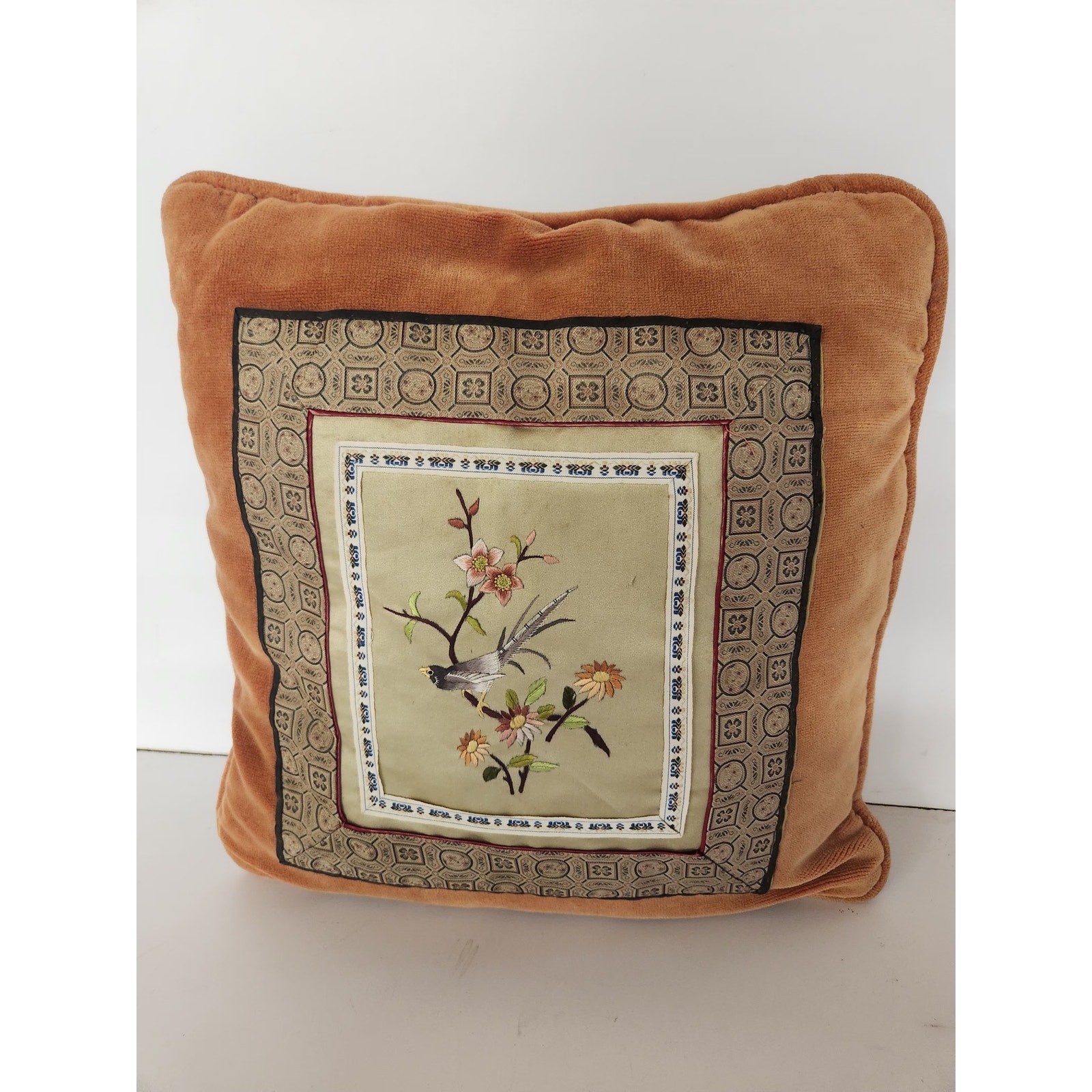 Vintage Asian Embroidered Silk Pillow Birds Chinoiserie 15x15 Vintage Asian Embroidered Silk Pillow Birds Chinoiserie 15x15