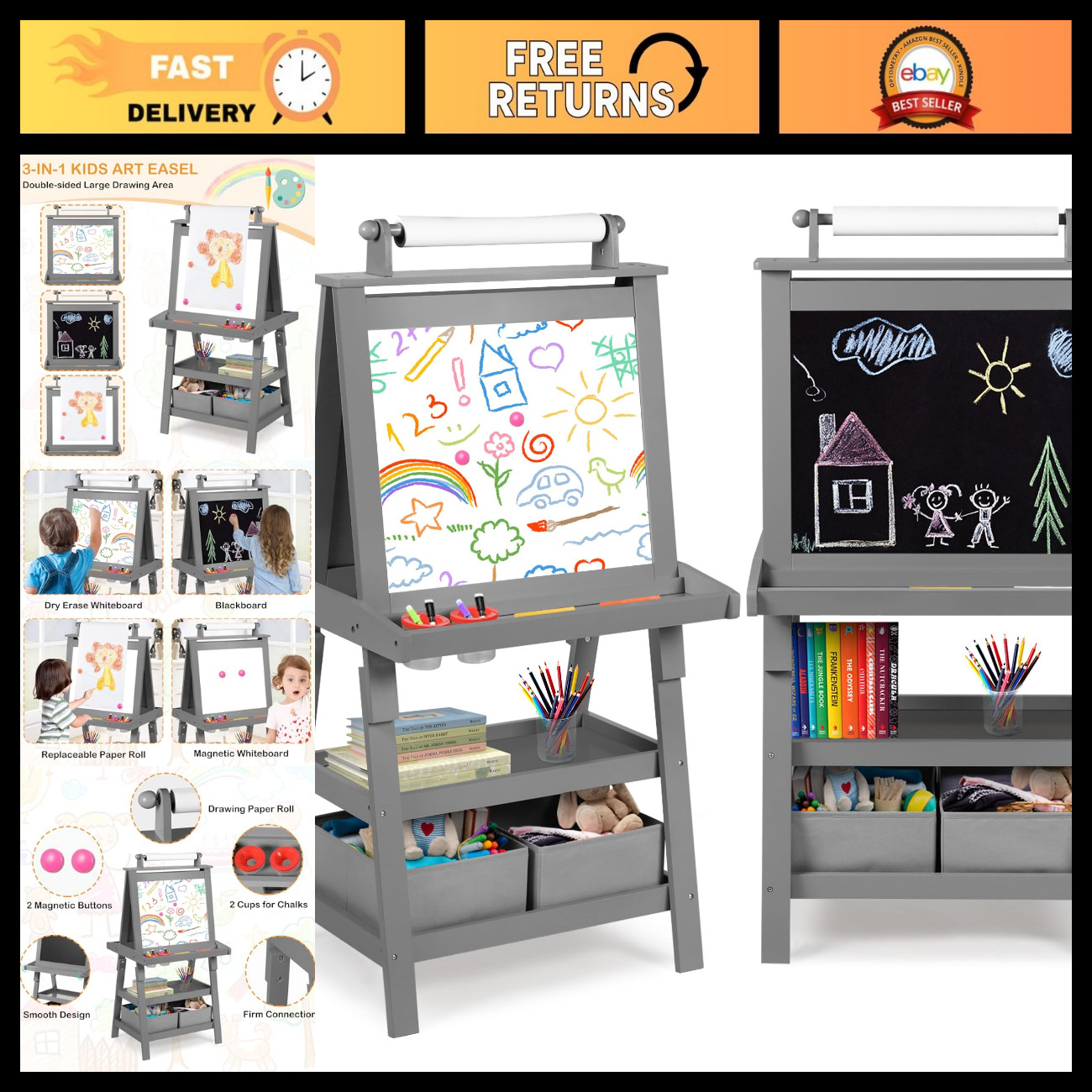 3-in-1 Wooden Art Easel for Kids - Adjustable Toddler Easel with Paper Roll 3-in-1 Wooden Art Easel for Kids - Adjustable Toddler Easel with Paper Roll