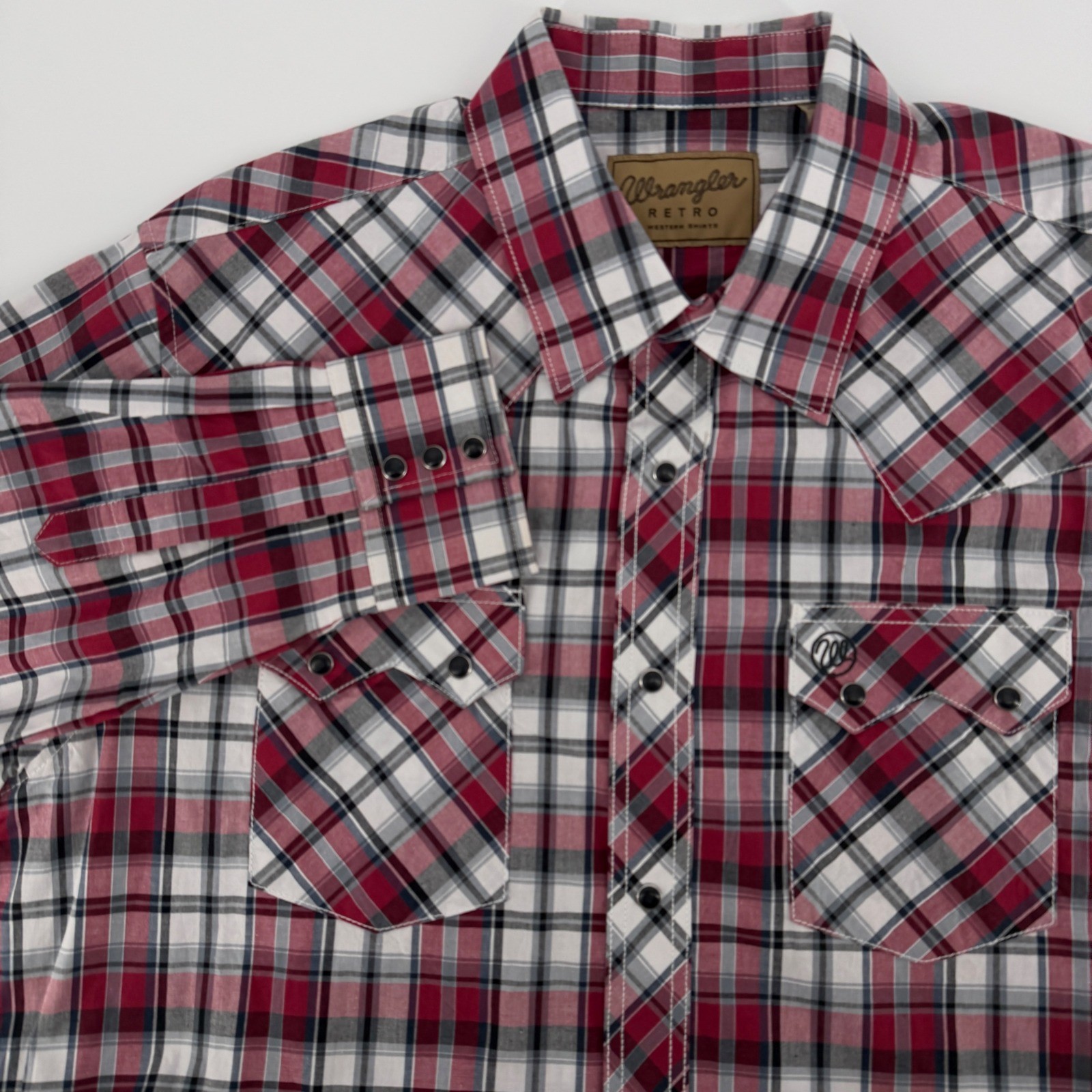Wrangler Retro Western Shirt Mens XL Red White Plaid Pearl Snap Long Sleeve