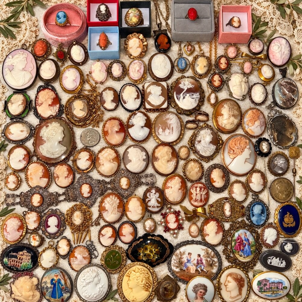 Fine Antique Vtg Cameo Jewelry Lot Many Gold Silv Diamond Coral Shell Lava 102p