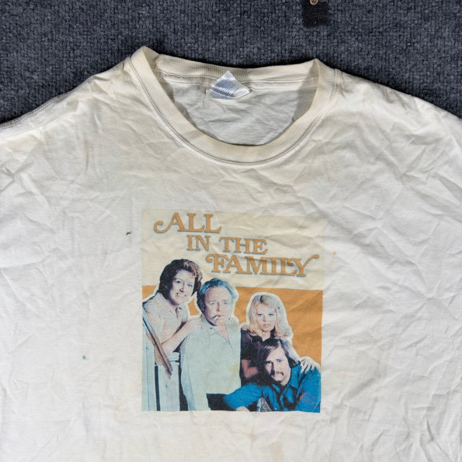 Hanes T-Shirt Mens Size XL Cream All In The Family Vintage Graphic Stained Hanes T-Shirt Mens Size XL Cream All In The Family Vintage Graphic Stained