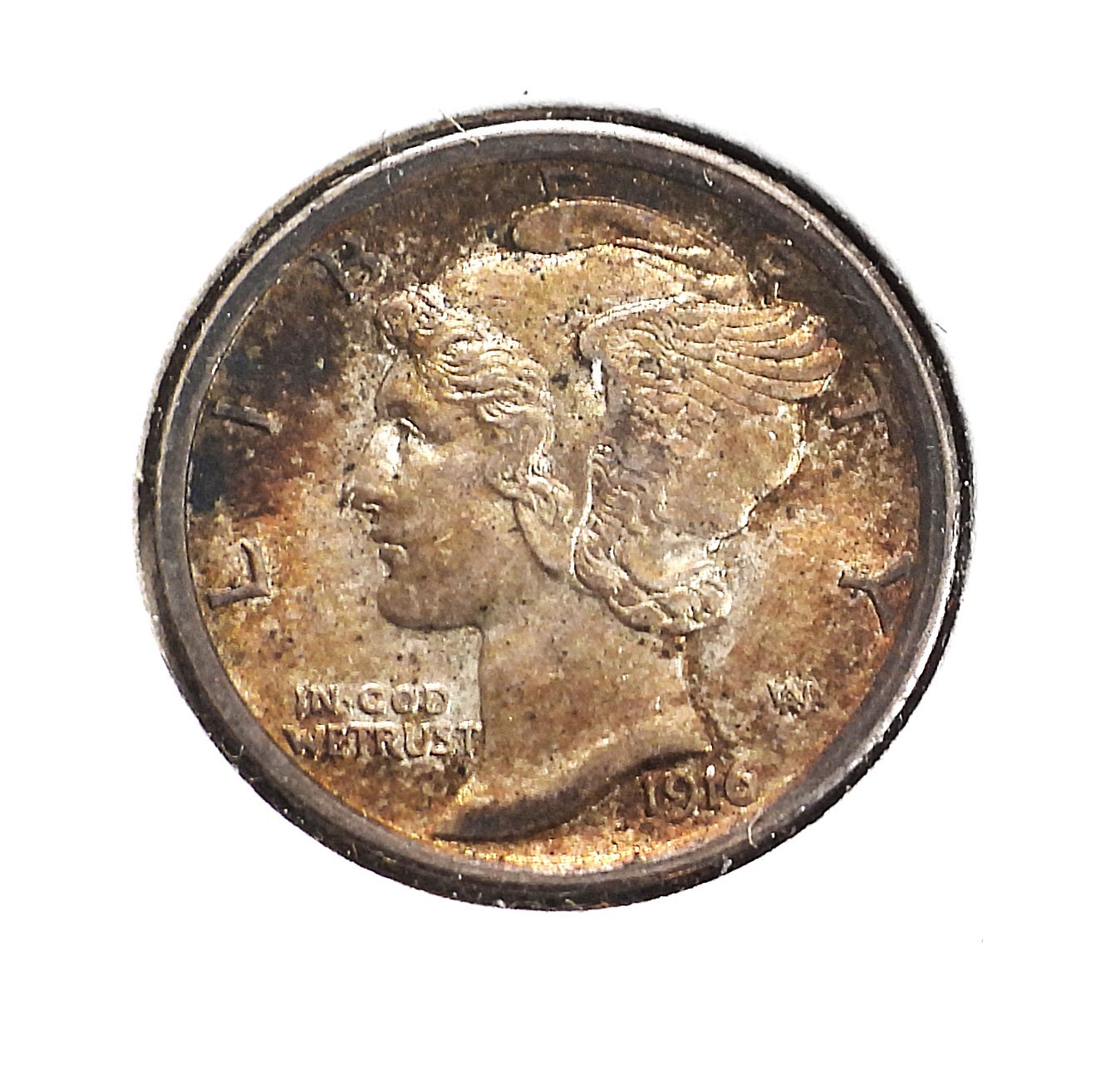 1916-P Mercury Silver Dime GEM Uncirculated FSB with Original Toning (520) 1916-P Mercury Silver Dime GEM Uncirculated FSB with Original Toning (520)