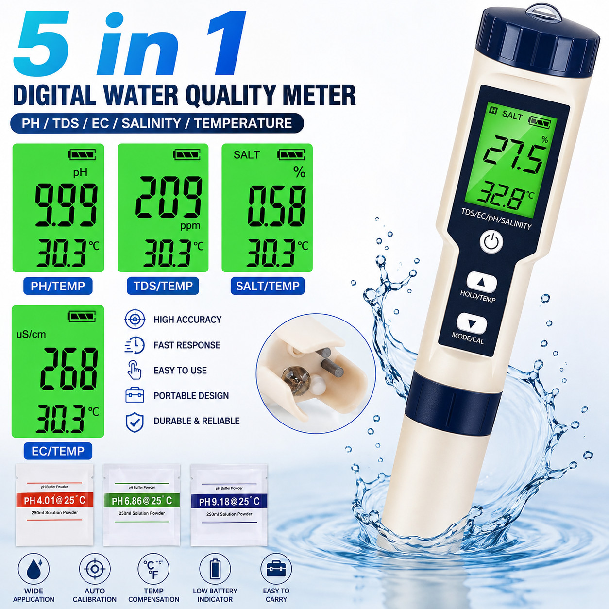 PH/TDS/EC/Salinity/Temperature 5 In 1 Digital Water Quality Meter Tester Tool US