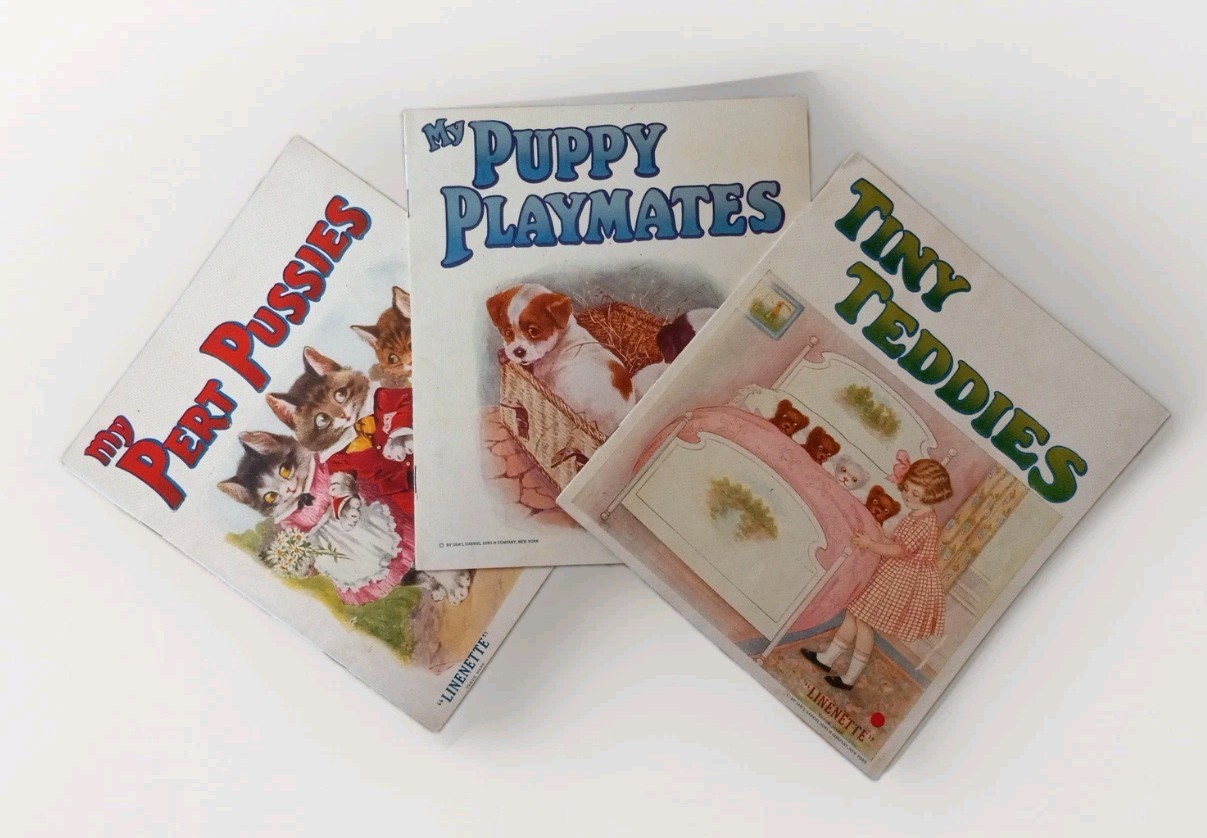 Vintage 1938 Lot Of 3 Linenette, Samuel Gabriel, Puppies, Teddies, Kitty Cats VG