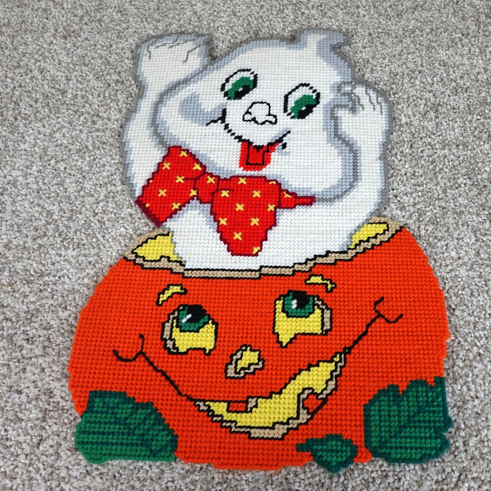 Vintage Ghost and Pumpkin Plastic Canvas Needlepoint Halloween Door Decoration