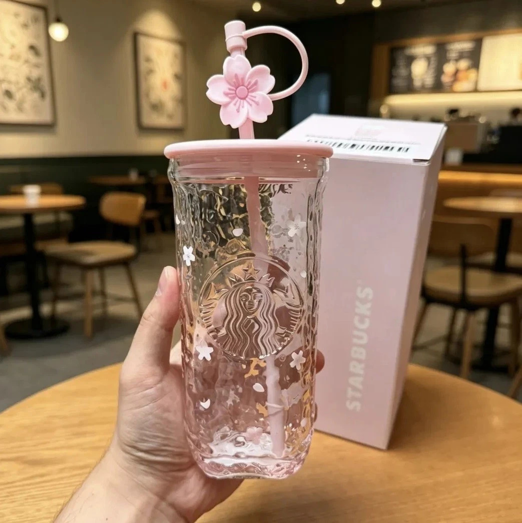 2026 New Starbucks Pink Sakura Cherry Blossom Glass Tumbler Witn Straw Plug Gift