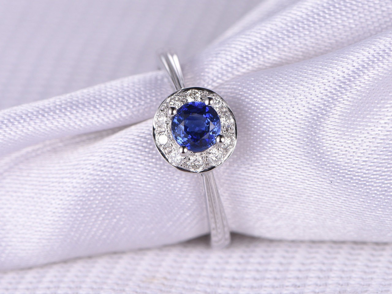 1.1 Ct Round Cut Natural Sapphire & Diamond Wedding Bridal Ring 14K White Gold 7