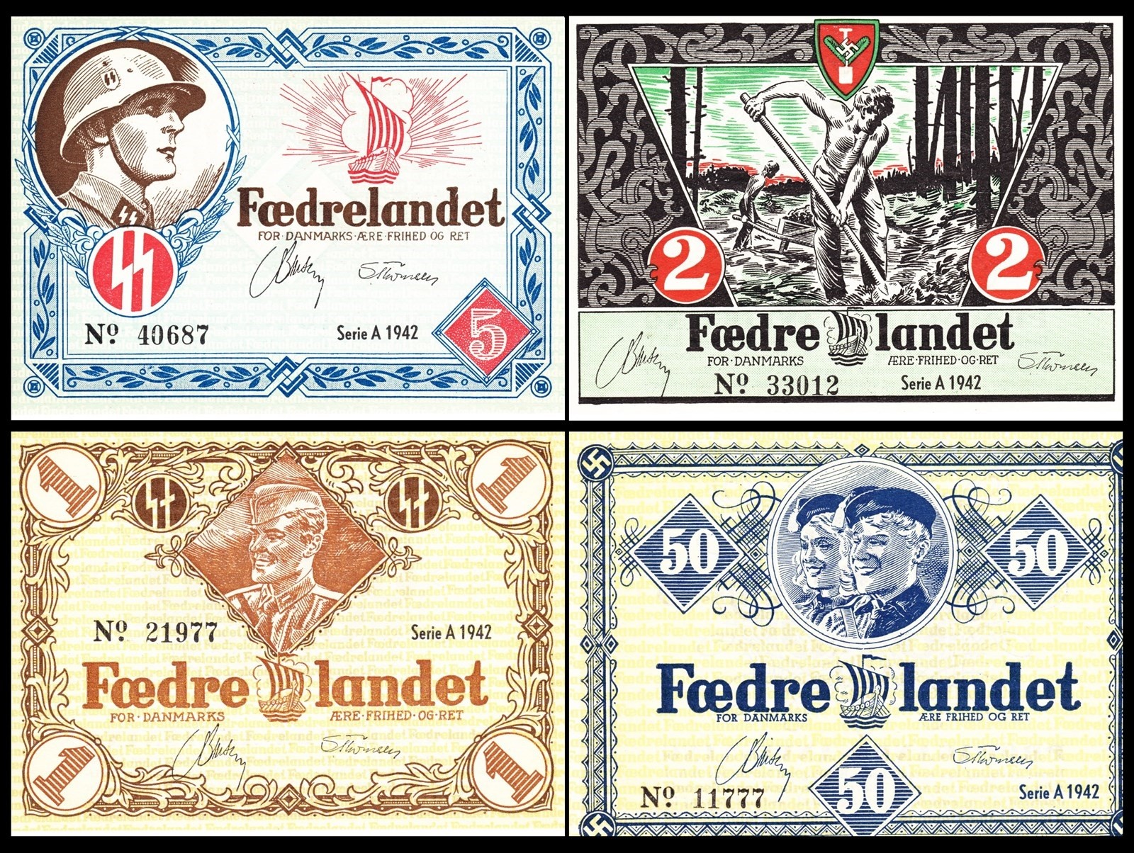 Currency Denmark 1942 WW2 Danish Legion Feldpost War Occ Set Unc AUTHENTIC