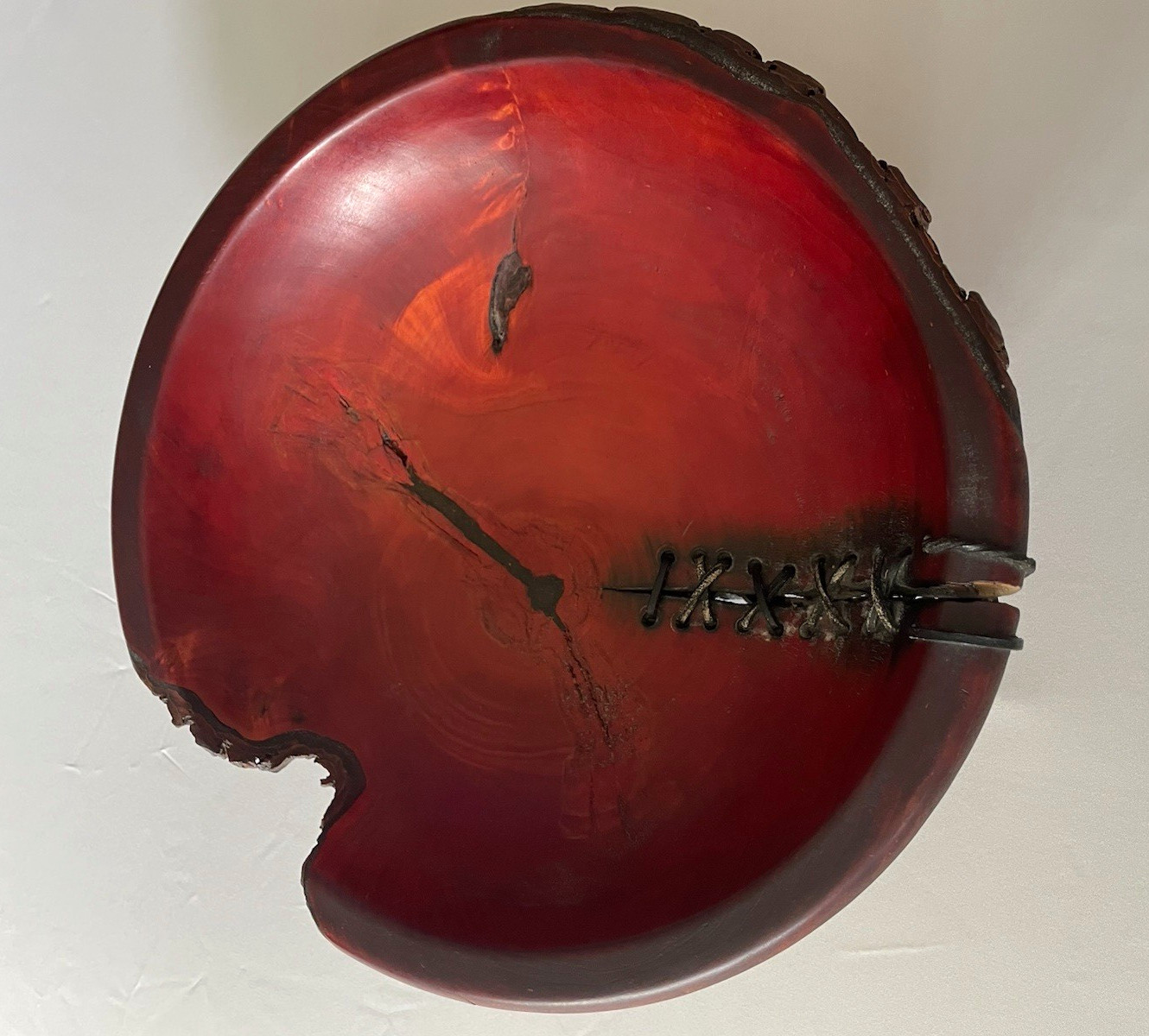 Ken Lindgren Walk Softly Rare Wood Art Hand Turned Red Bowl Stitched.