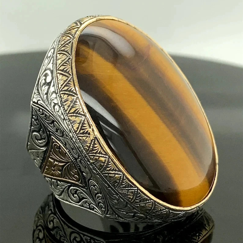 Men Tiger Eye Ring Large 925 Sterling Silver Ottoman Turkish Handmade Signet