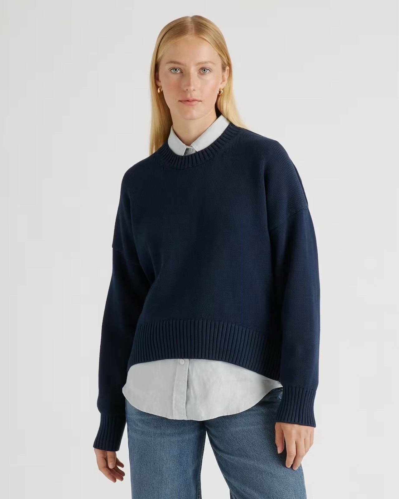 Quince 100% Organic Cotton Boyfriend Crew Sweater Navy Women’s Small Minimalist Quince 100% Organic Cotton Boyfriend Crew Sweater Navy Women’s Small Minimalist