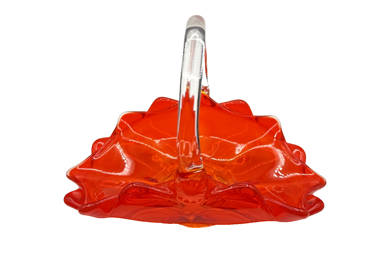 Vtg Viking Art Glass Double Crimp Basket Orange Red Clear Handle UV Cadium Glow Vtg Viking Art Glass Double Crimp Basket Orange Red Clear Handle UV Cadium Glow