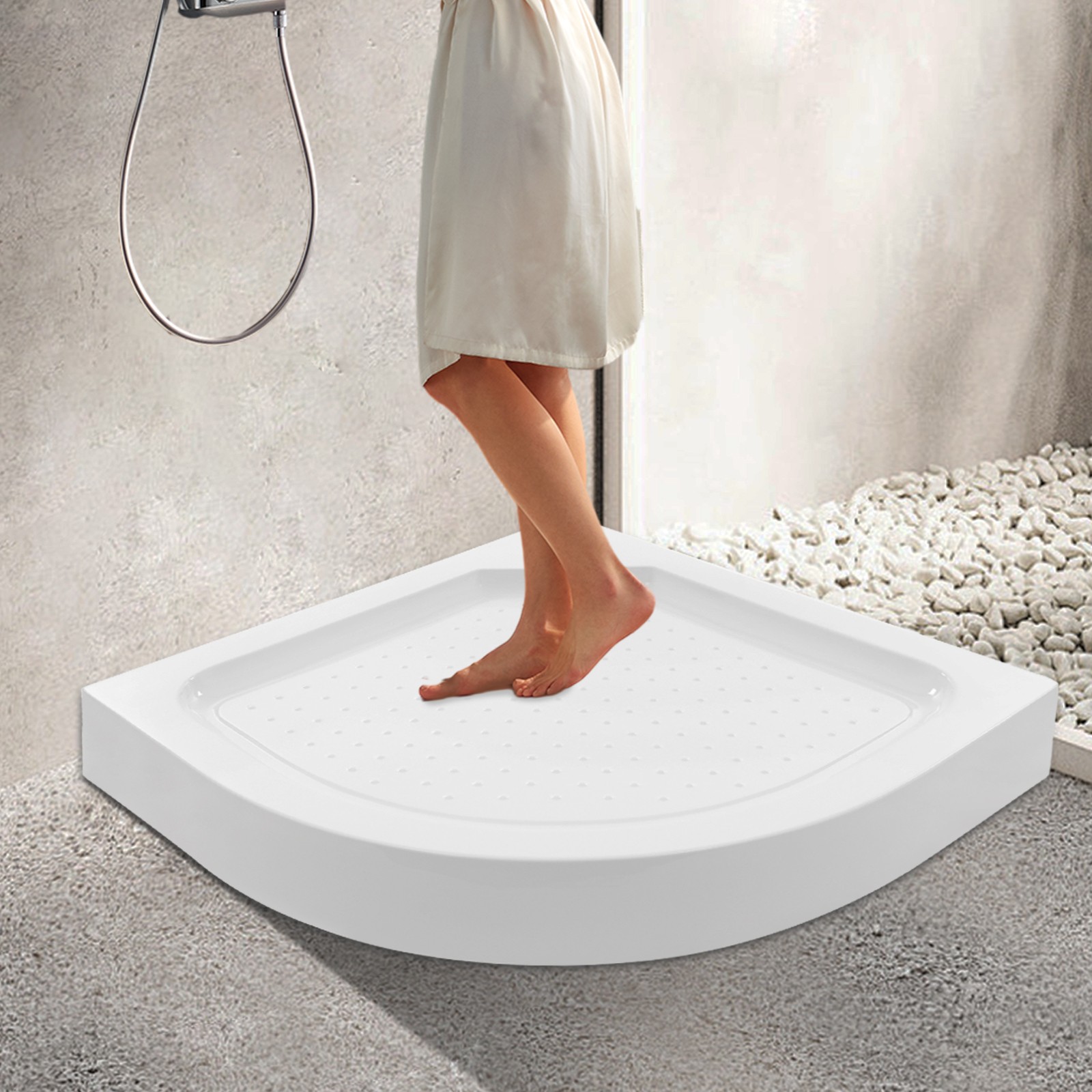 Fan-Shaped Acrylic Shower Base Adjust Height Corner Shower Pan White 33.5x5.5in