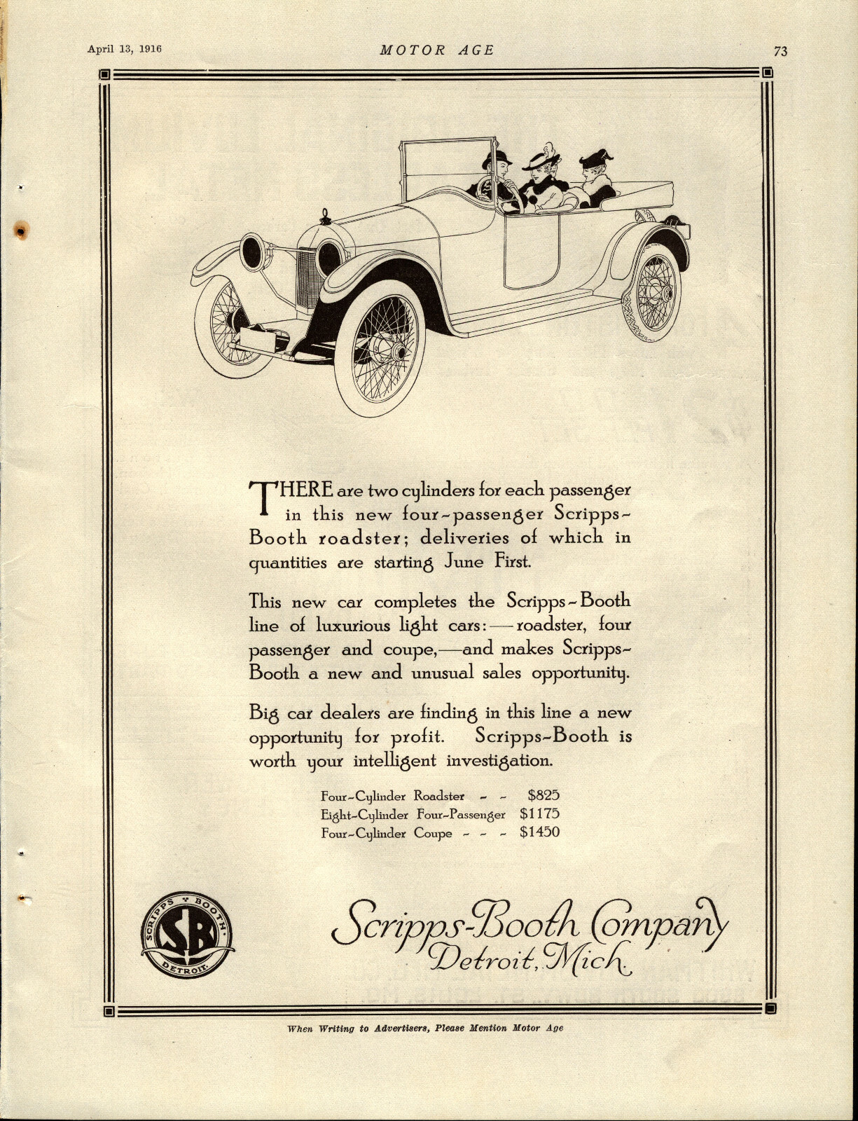 1916 Scripps Booth Motor Cars Advertisement: Roadster Model - Detroit, Michigan 1916 Scripps Booth Motor Cars Advertisement: Roadster Model - Detroit, Michigan
