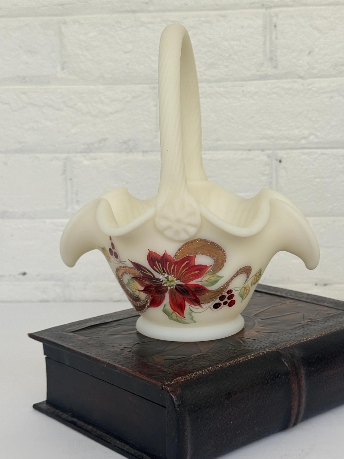 Vintage Fenton White Custard Glass Christmas Basket with Hand-Painted