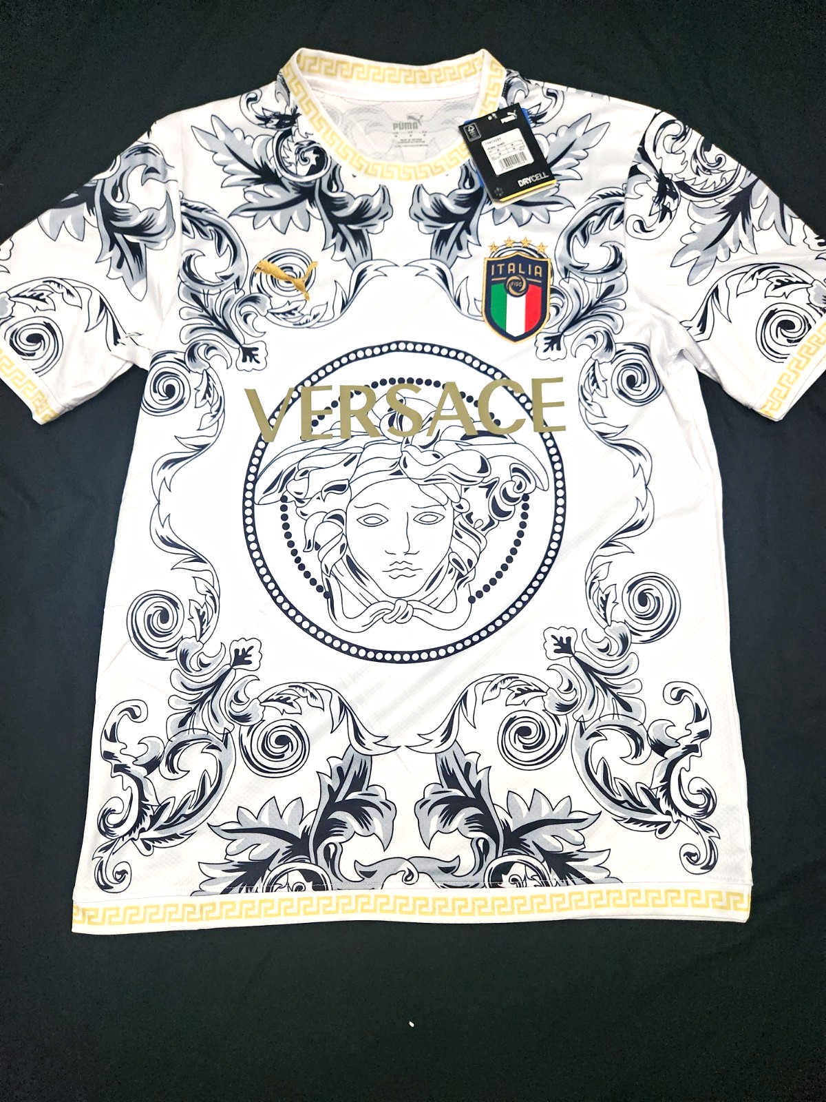 PUMA Italy Soccer Jersey Versace Design White/Black/Gold Size M PUMA Italy Soccer Jersey Versace Design White/Black/Gold Size M