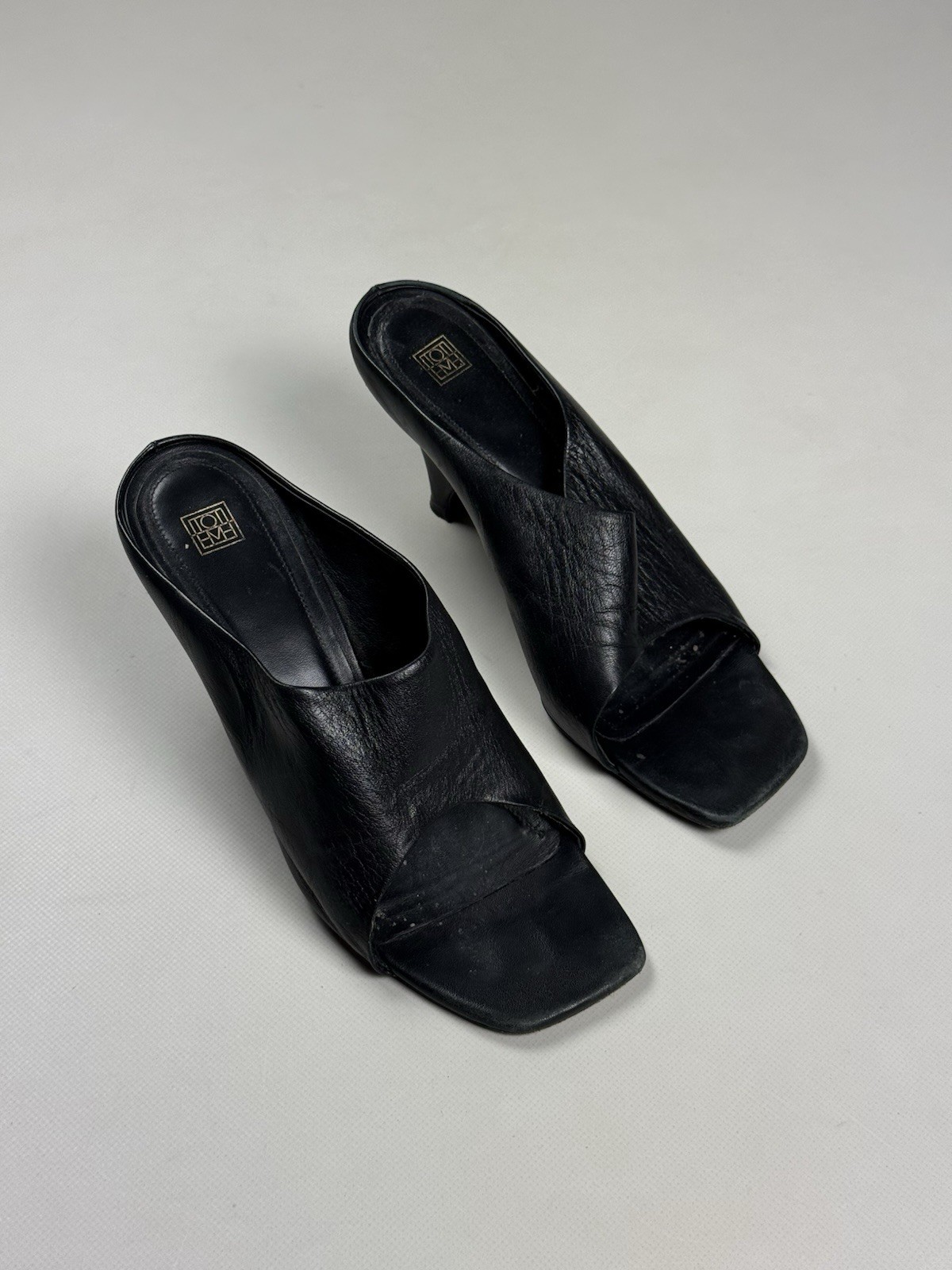 Toteme Black Leather Open Toe Mules Heeled Sandals Square Toe Shoes EU 38