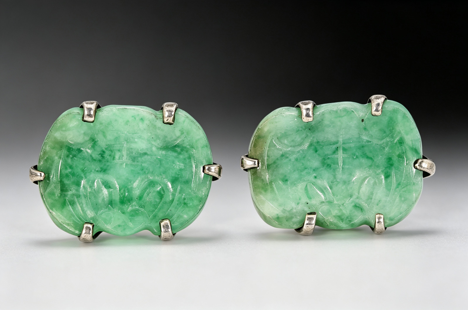 Chinese Green Jadeite Carved Gold Filled Earrings
