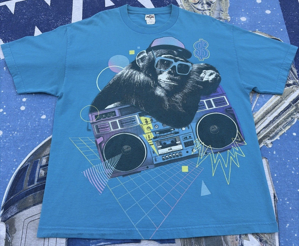 vtg RARE 80s Early 90s Boombox T-Shirt XL Turquoise Monkey $ Hip Hop Allstyle vtg RARE 80s Early 90s Boombox T-Shirt XL Turquoise Monkey $ Hip Hop Allstyle