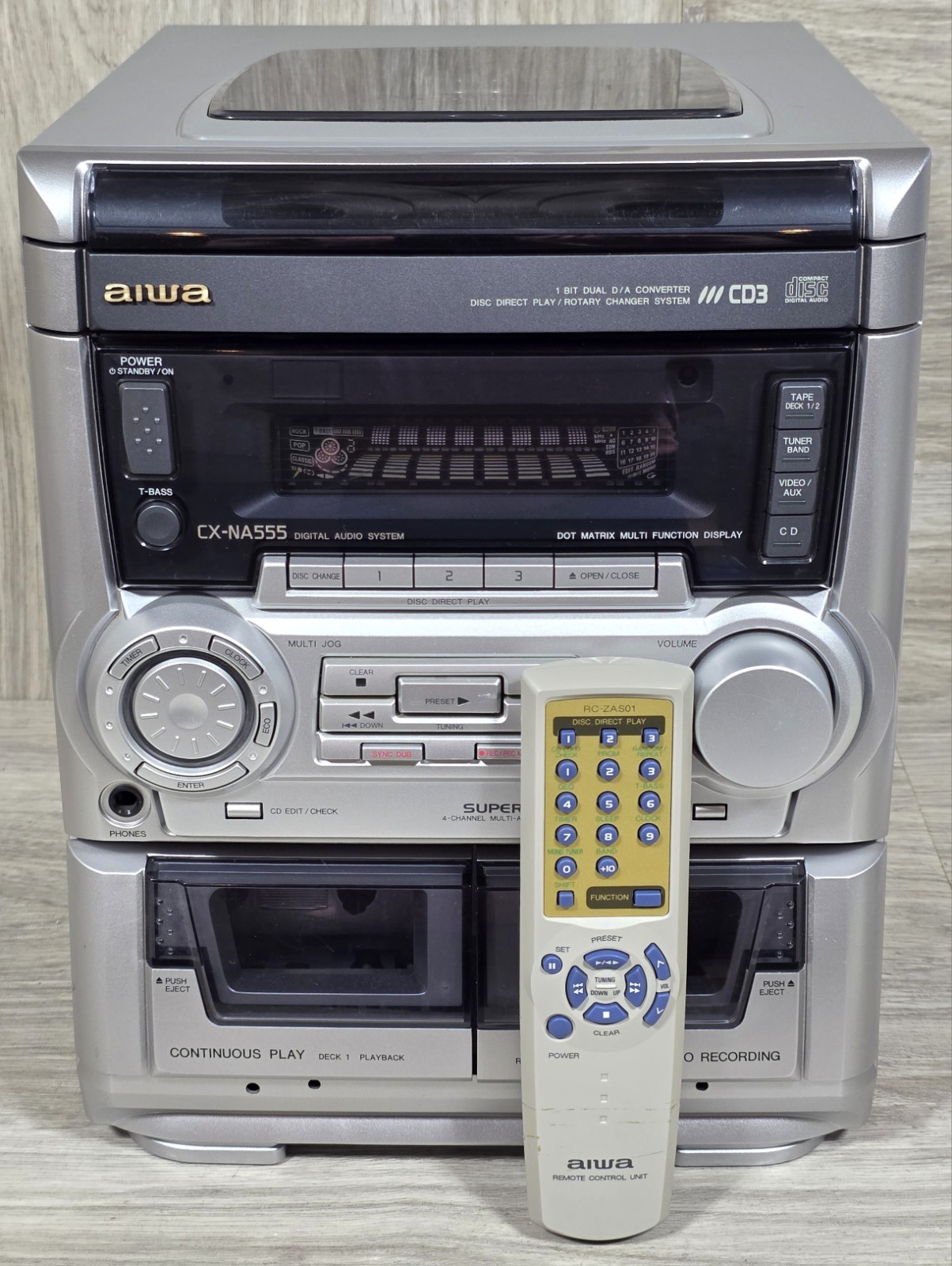 Aiwa CX-NA555U Stereo System 3 CD Cassette Radio w/Remote - TESTED - 