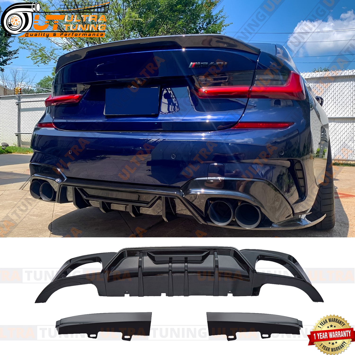 For 2019-2022 BMW 3 Series 330i M340i G20 M Sport Rear Diffuser Gloss Black 