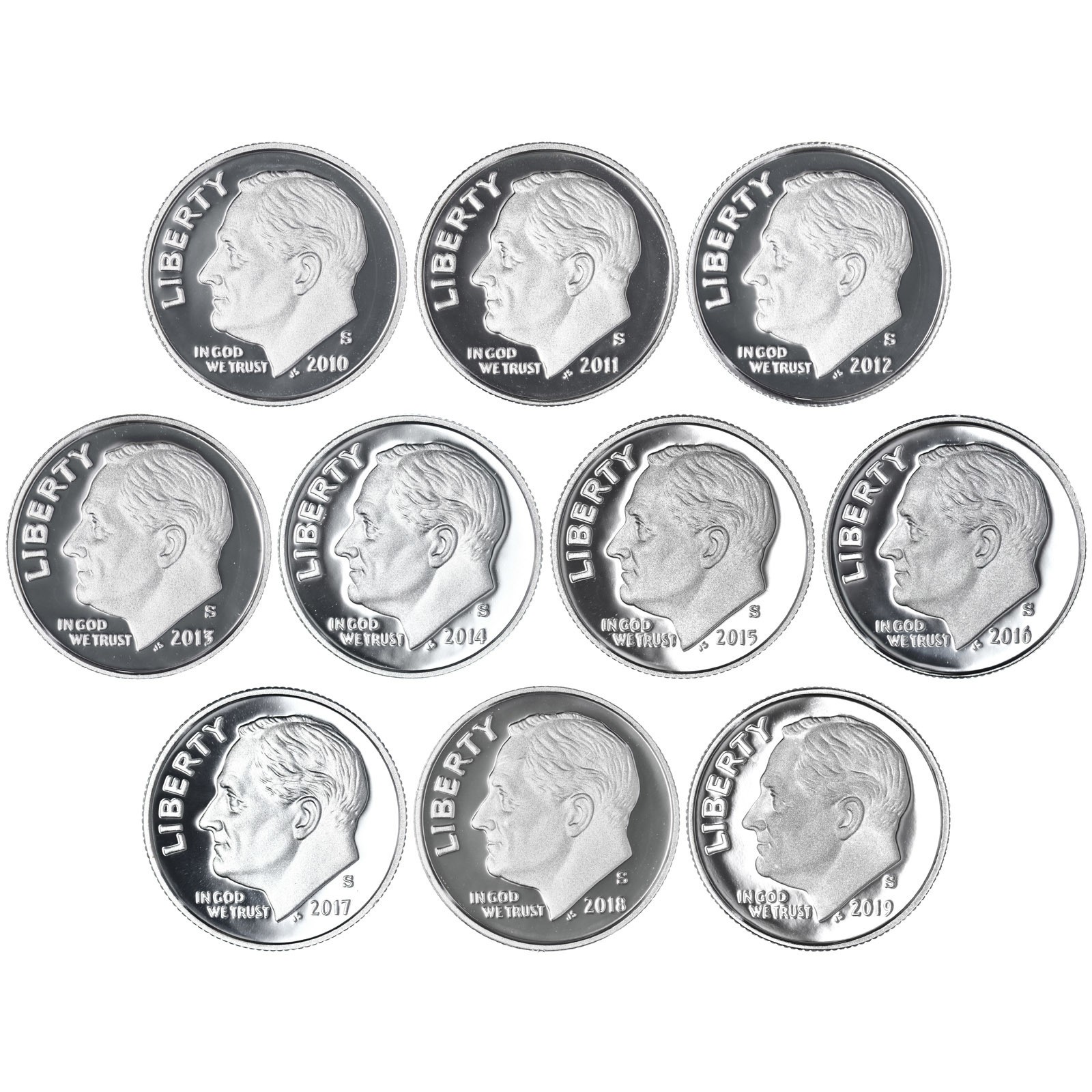 2010-2019 S Roosevelt Dimes 90% Silver Gem DCam Proof Run 10 Coin Set