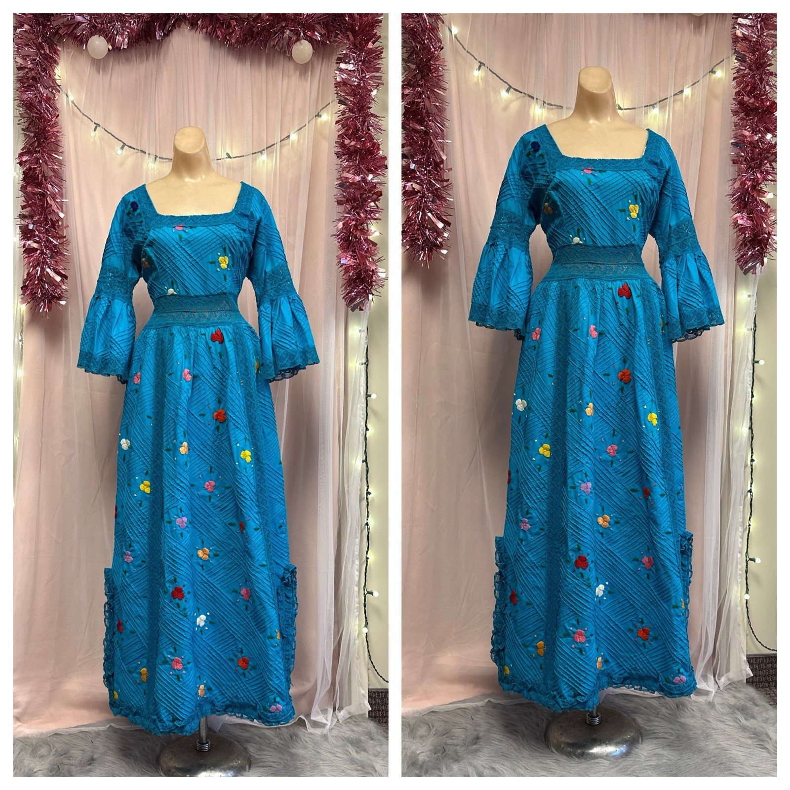 Vintage 60s 70s Blue Embroidered Maxi Dress Boho Hippy Flared Sleeve Mexico S