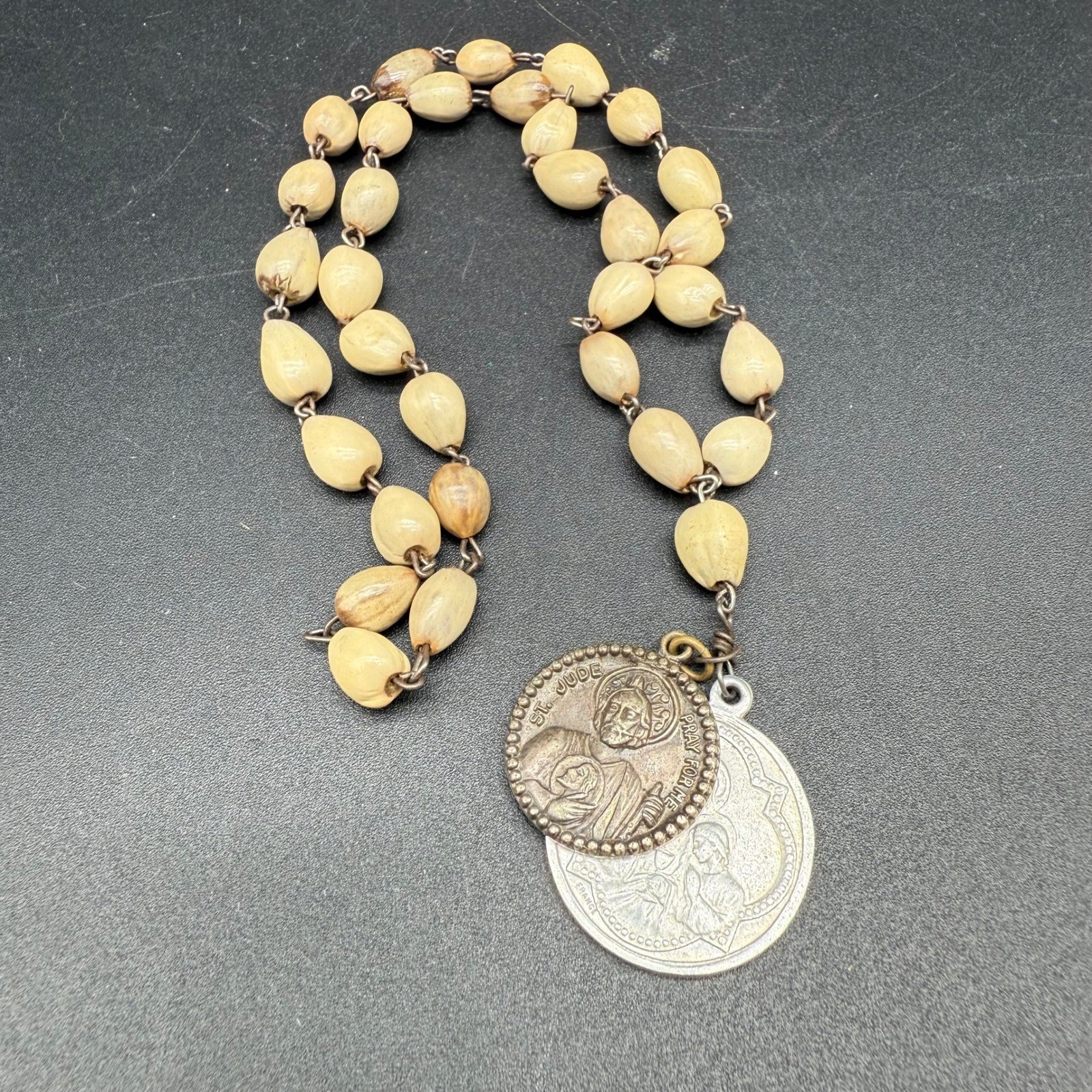 Vintage Job\'s Tears Rosary Beads St. Jude & Blessed Sacrament Medals Creed