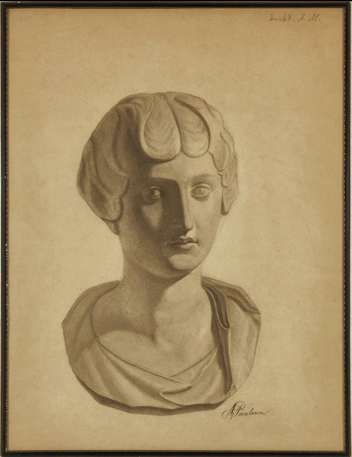 Large Antique Academic Bust Framed Classical Female Charcoal Sketch 69x52