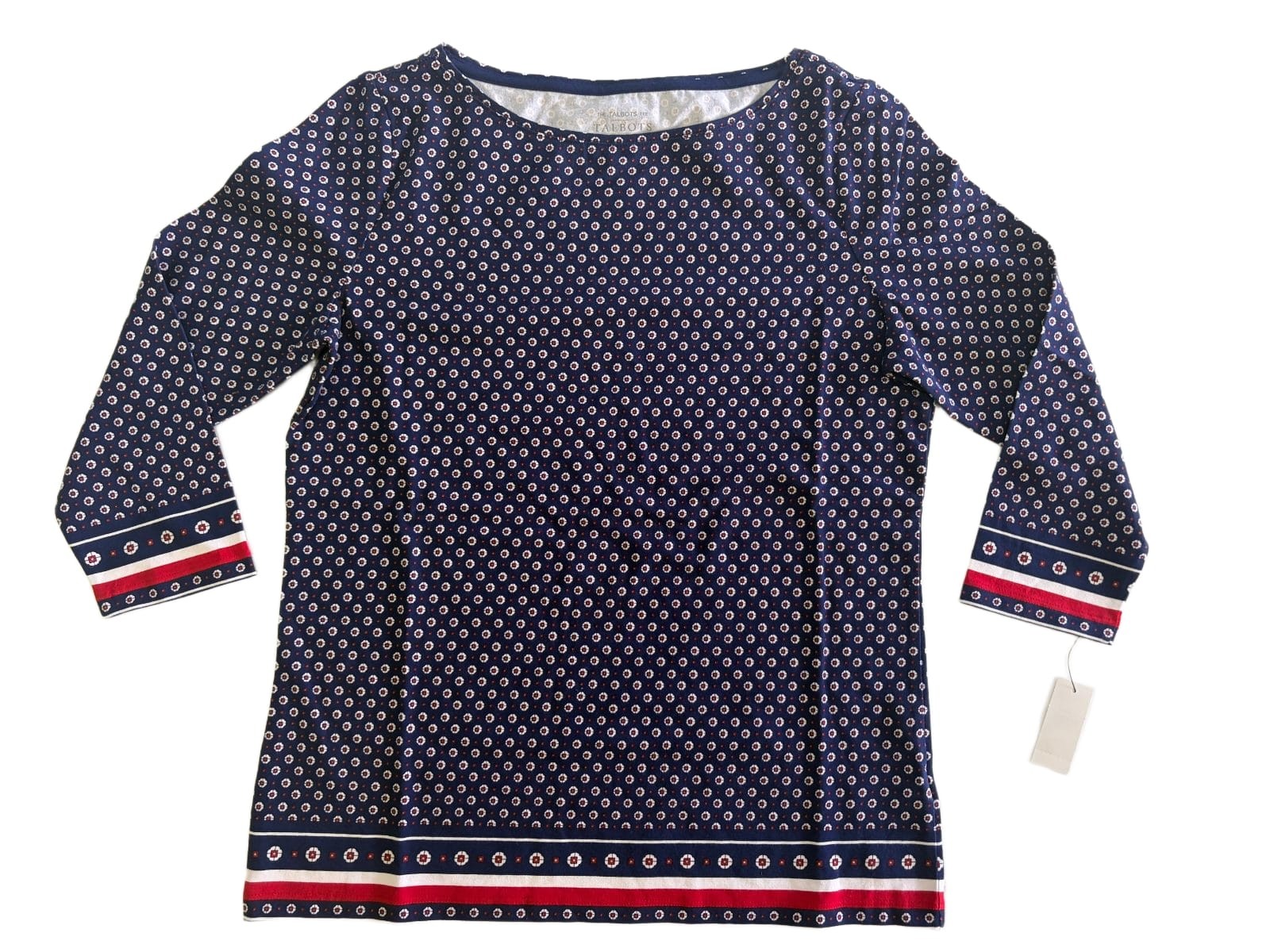 Talbots Tee Womens Petite MP Navy Red Geometric Print 3/4 Sleeve Boat Neck Top N Talbots Tee Womens Petite MP Navy Red Geometric Print 3/4 Sleeve Boat Neck Top N