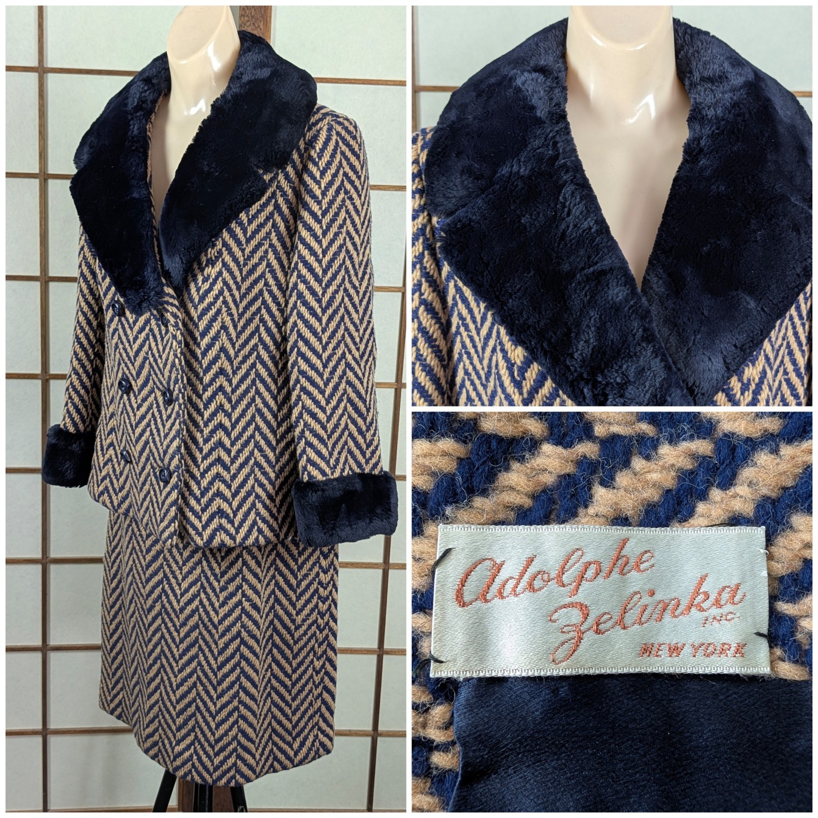 Vintage 1960s Adolphe Zelinka Wool Skirt Suit Set Navy Beige Fur Trim Mob Wife S