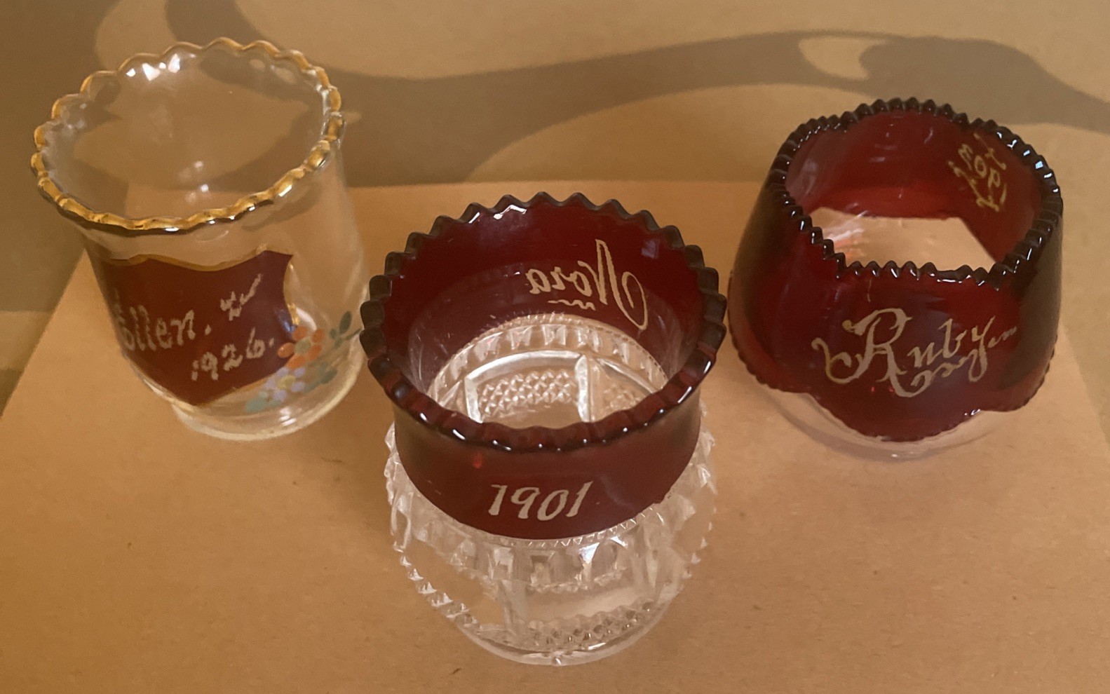 Antique Souvenir advertising Glass 3 Ruby Clear Lot Antique 1900’s toothpick Antique Souvenir advertising Glass 3 Ruby Clear Lot Antique 1900’s toothpick