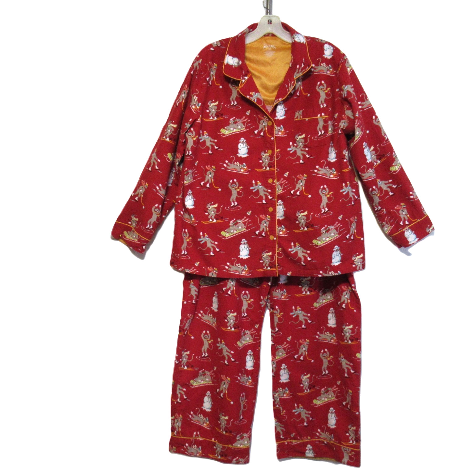 Nick & Nora Flannel Pajama Set Womens XXL Downhill Sock Monkey Ski Winter Red Nick & Nora Flannel Pajama Set Womens XXL Downhill Sock Monkey Ski Winter Red