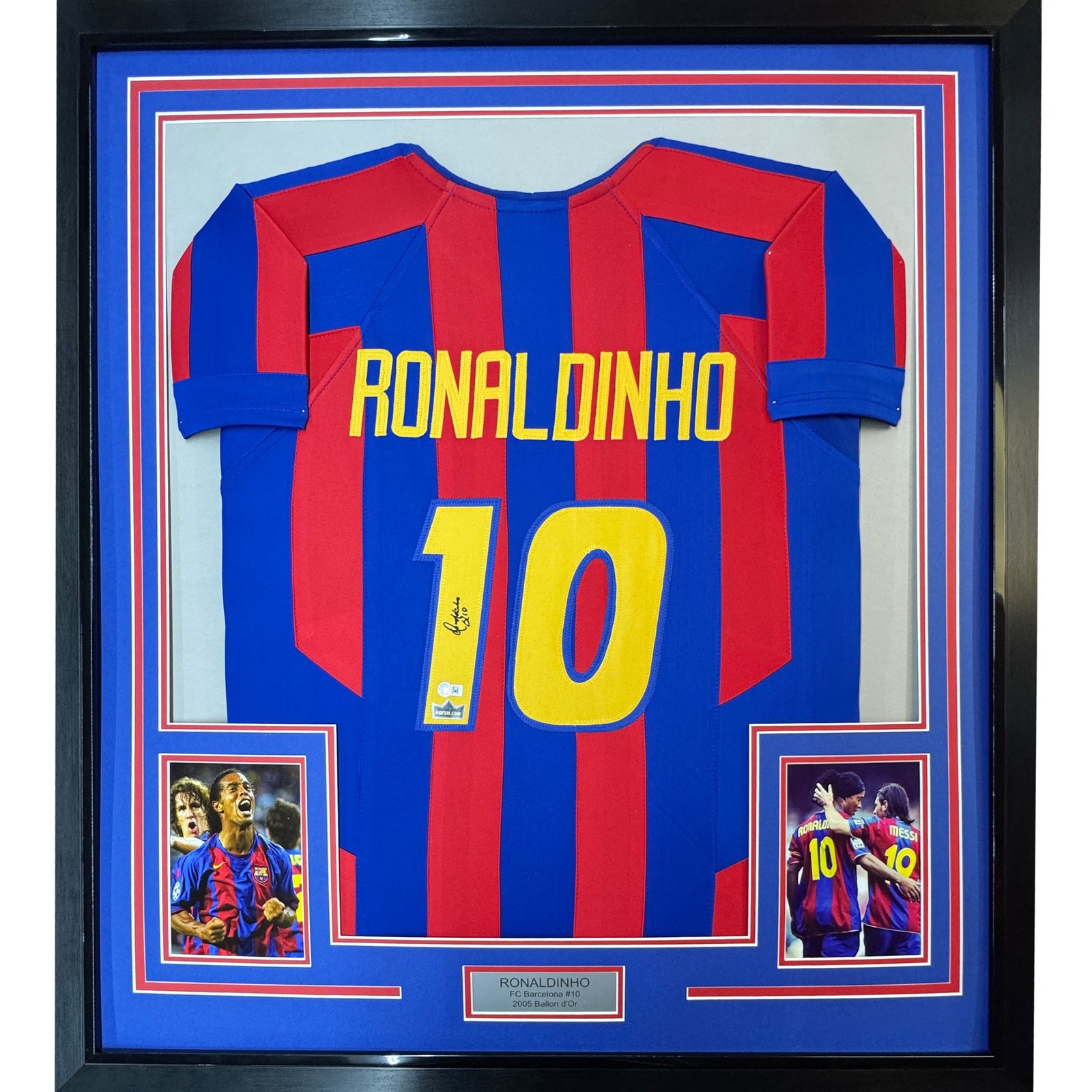 Framed Facsimile Autographed Ronaldinho 35x39 Blue/Red Jersey Framed Facsimile Autographed Ronaldinho 35x39 Blue/Red Jersey
