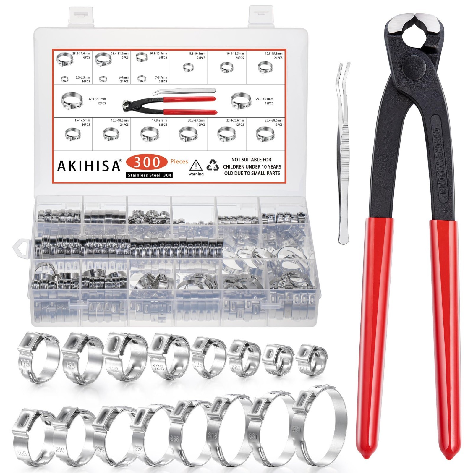 300pcs Stainless Steel Hose Clamps Assortment Kit, 16 Sizes 5.3-36.1mm for Autom 300pcs Stainless Steel Hose Clamps Assortment Kit, 16 Sizes 5.3-36.1mm for Autom