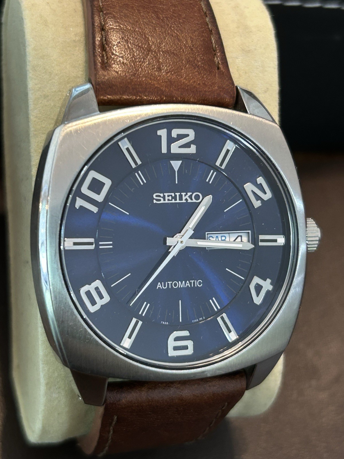 SEIKO Recraft Men\'s SNKN37 Blue Dial Automatic Day Date Leather Strap Runs Great SEIKO Recraft Men\'s SNKN37 Blue Dial Automatic Day Date Leather Strap Runs Great