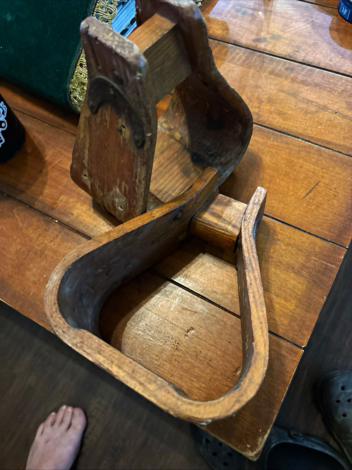 Antique Handmade Western Americana Wooden Horse Stirrups with Metal Plates