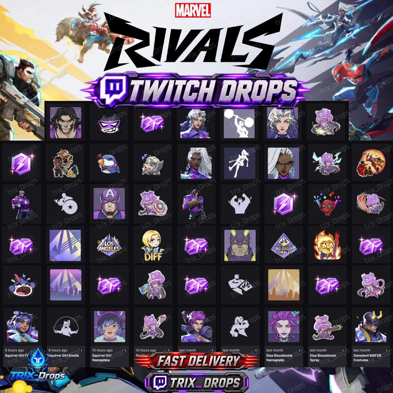 Marvel Rivals Twitch Drops - Costumes Emotes Sprays Tokens - 58 Items