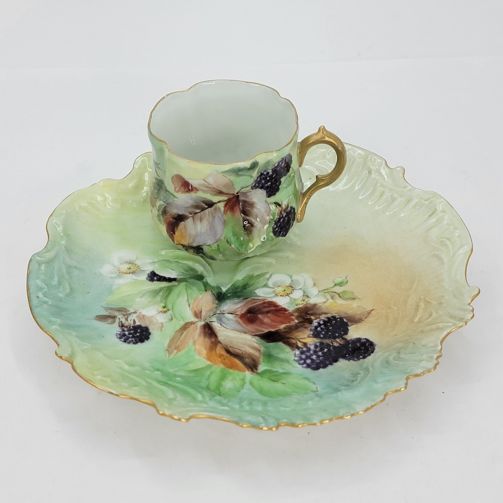 antique Martial Redon blackberry embossed plate & matching cup MF France Limoges