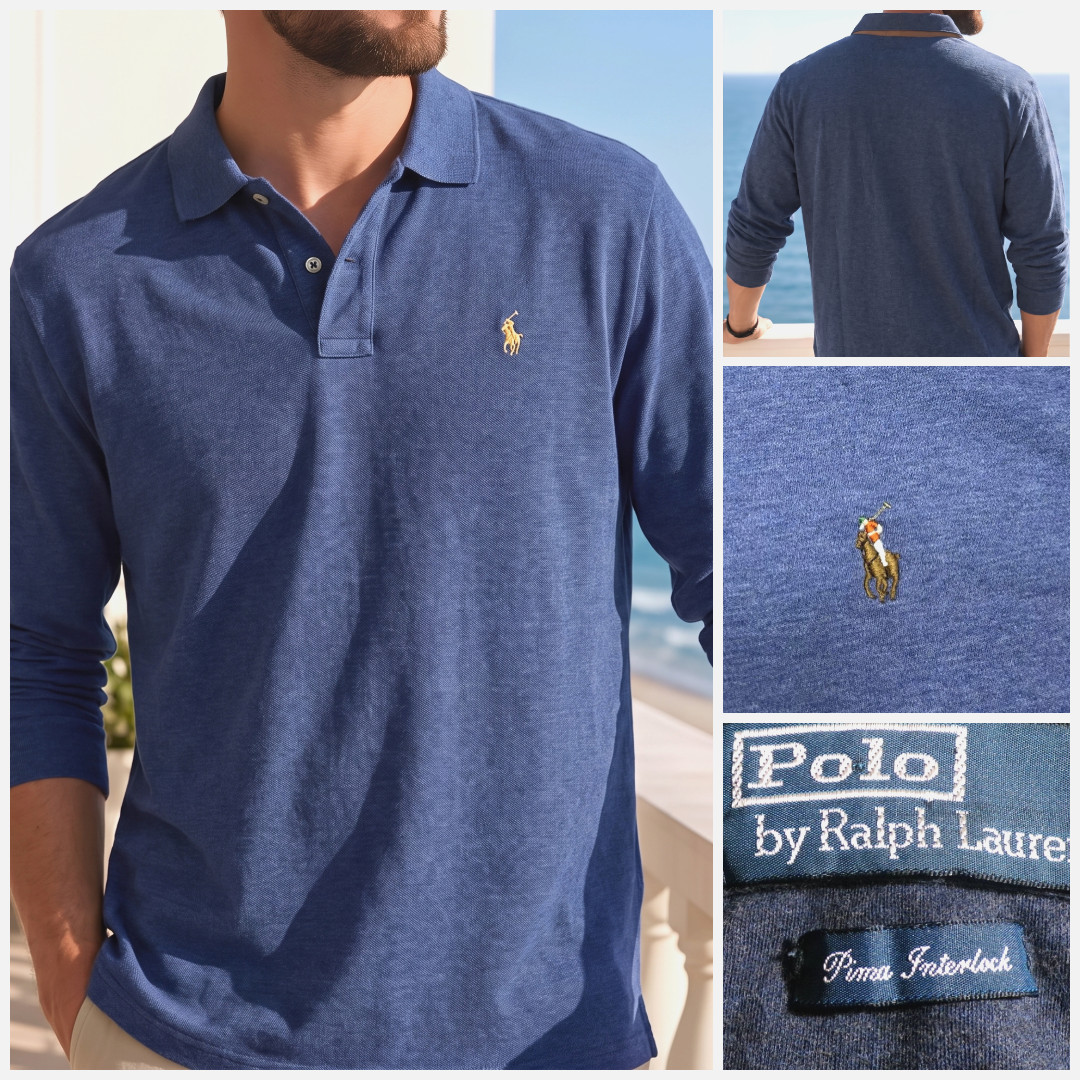 vtg Polo Ralph Lauren Long Sleeve Polo Shirt S Blue Pima Interlock Flesh Pony