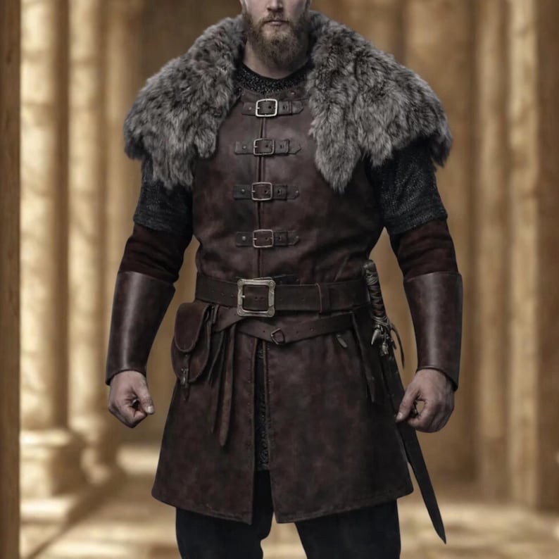 Men’s Viking Warrior Leather Armor Set Fur Collar Medieval Knight Costume Outfit Men’s Viking Warrior Leather Armor Set Fur Collar Medieval Knight Costume Outfit