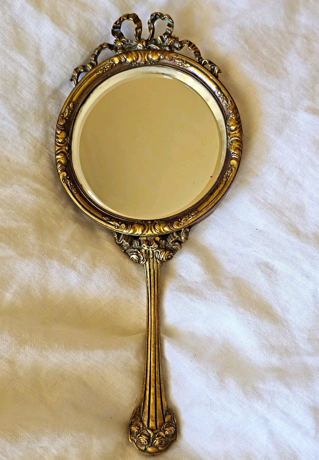 Antique 19th Century French Bronze Handheld Vanity Mirror Bow Floral Handle Antique 19th Century French Bronze Handheld Vanity Mirror Bow Floral Handle