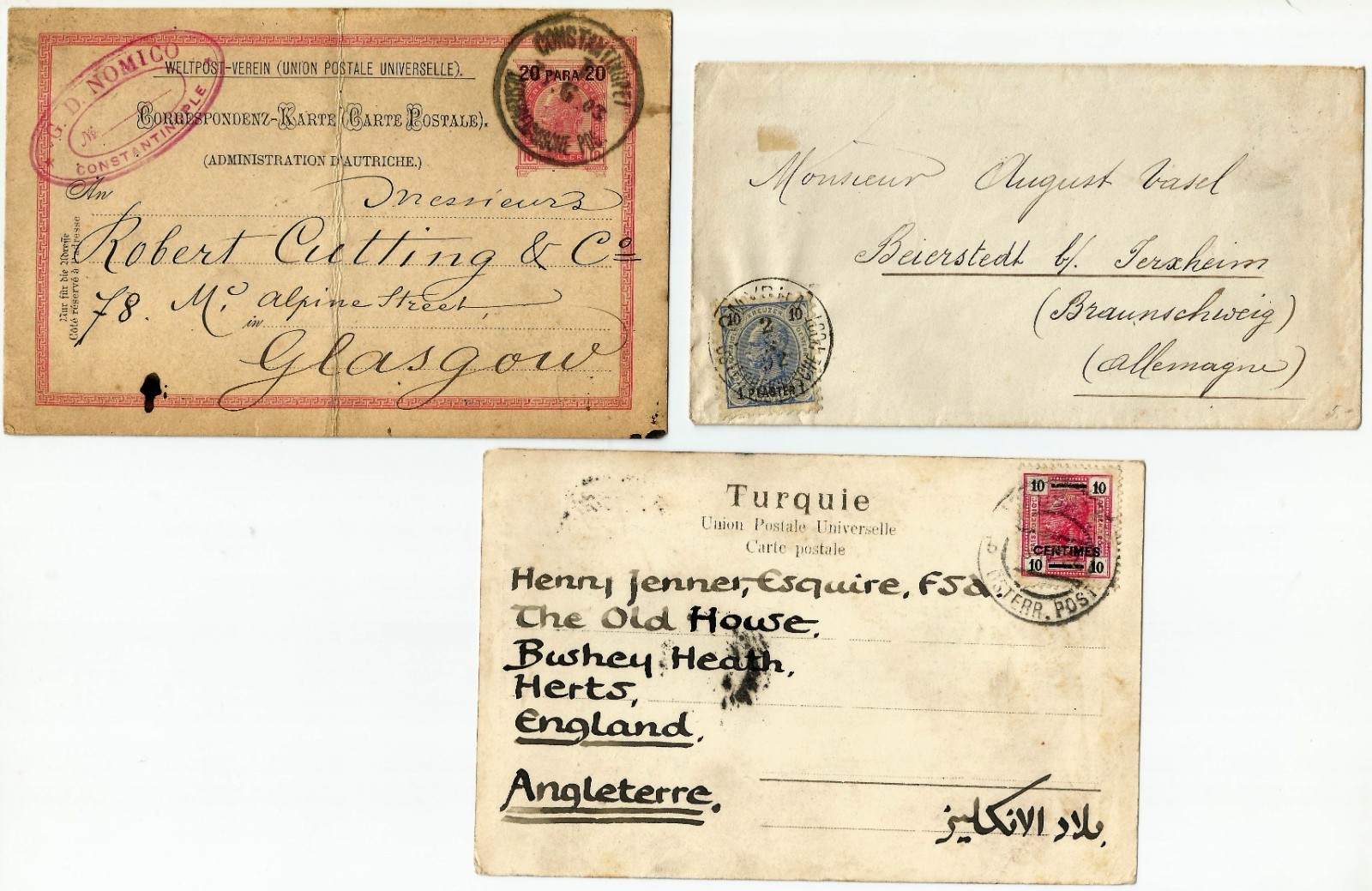 Austria offices in Turkey 1 cover + 2 postcards 1892-1903 sent to Scotland, Germ