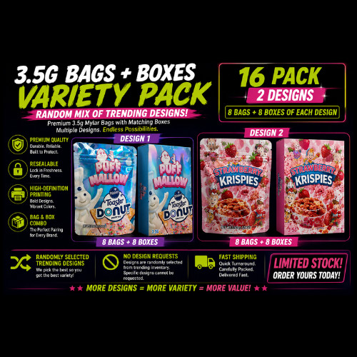 3.5G Mylar Bags, Boxes, Variety Pack, Random Designs, 16-128Pk