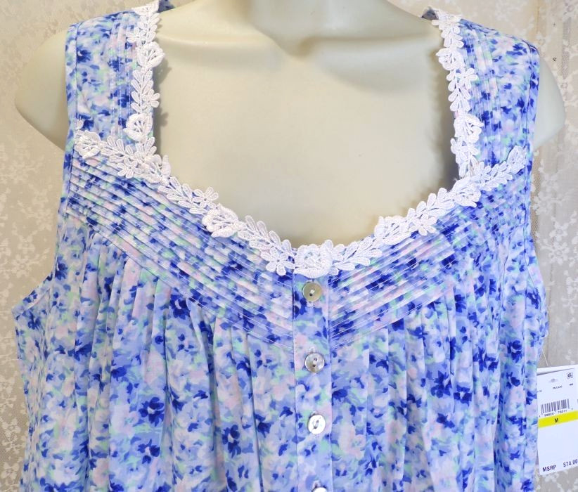 NWT Eileen West Medium M Long Cotton Lawn Nightgown Sleeveless Gown Tonal Blue