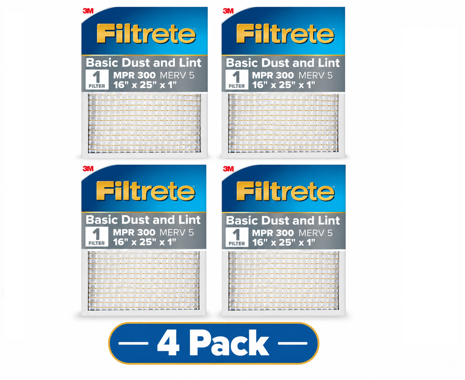 4PK Filtrete 16x25x1 HVAC Furnace Air Filter, MPR 300 MERV 5 Basic Dust and Lint