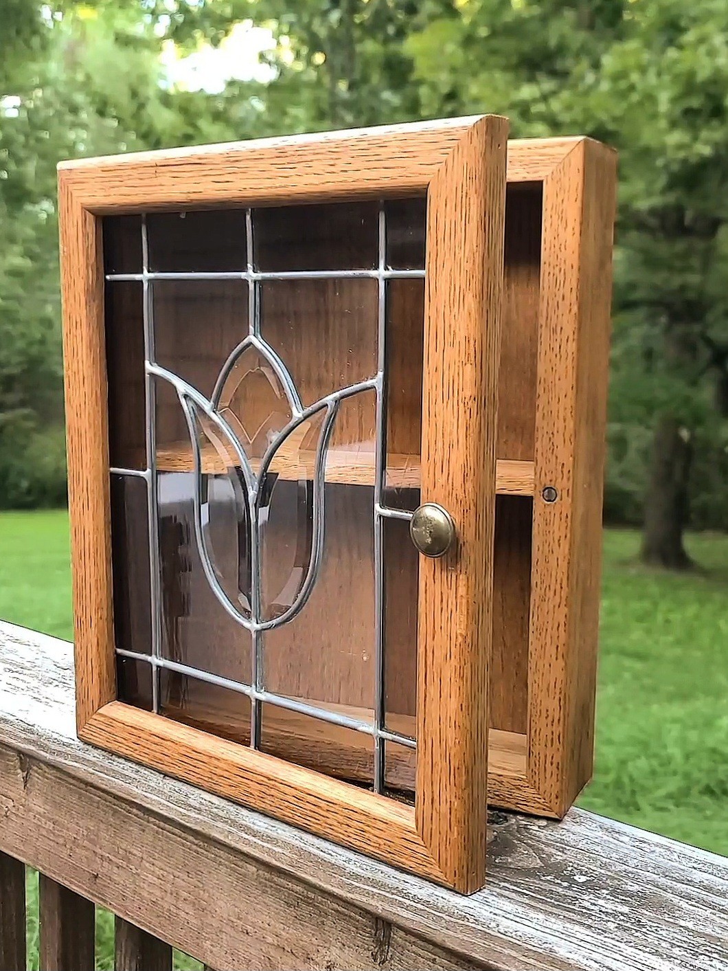 Vintage Wooden Stained Glass Tulip Wall Cabinet Hutch w Shelves Spices Vanity Vintage Wooden Stained Glass Tulip Wall Cabinet Hutch w Shelves Spices Vanity
