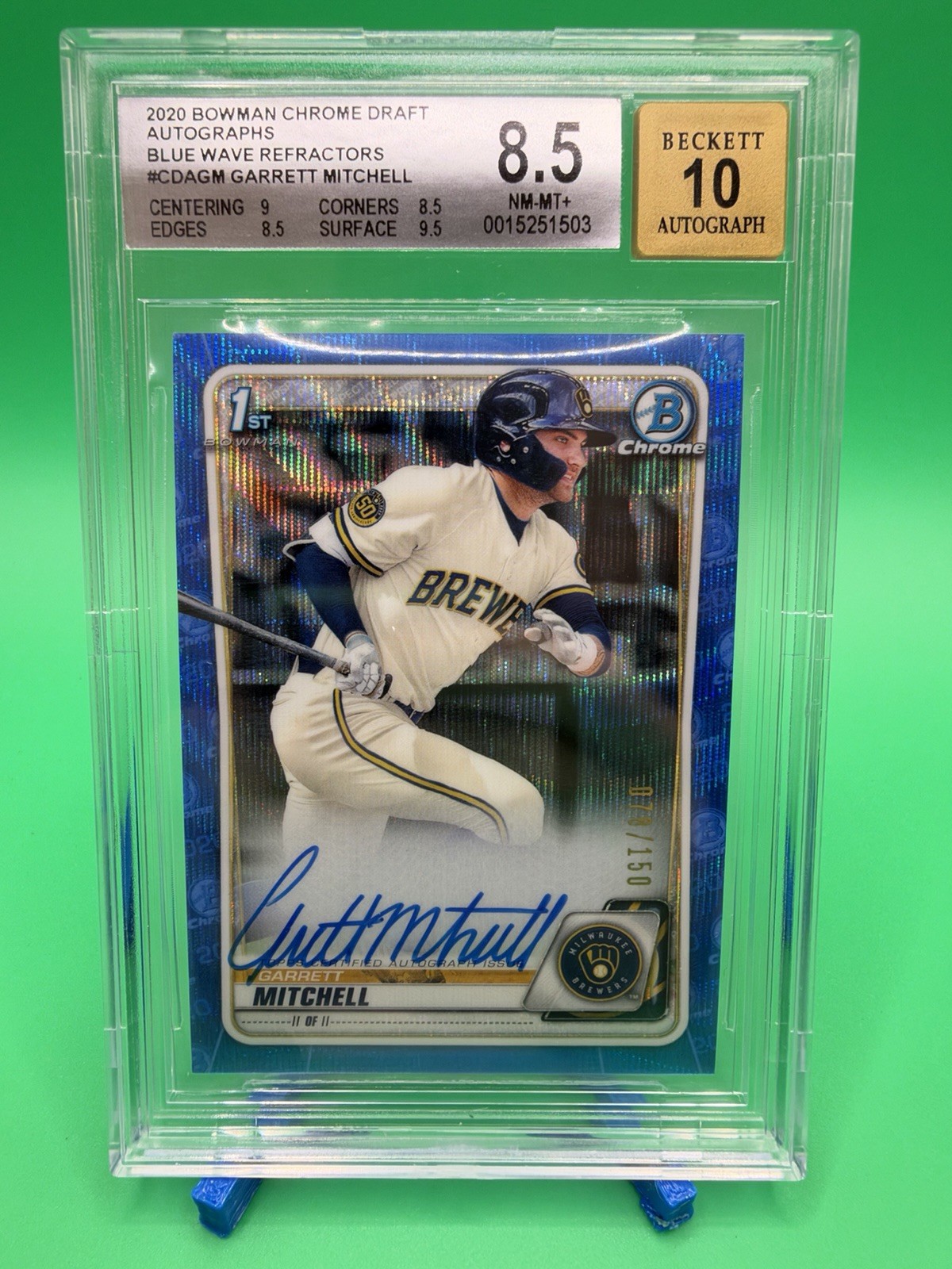 2020 Bowman Draft Chrome Draft Autographs Garrett Mitchell Blue Wave Auto /150 2020 Bowman Draft Chrome Draft Autographs Garrett Mitchell Blue Wave Auto /150
