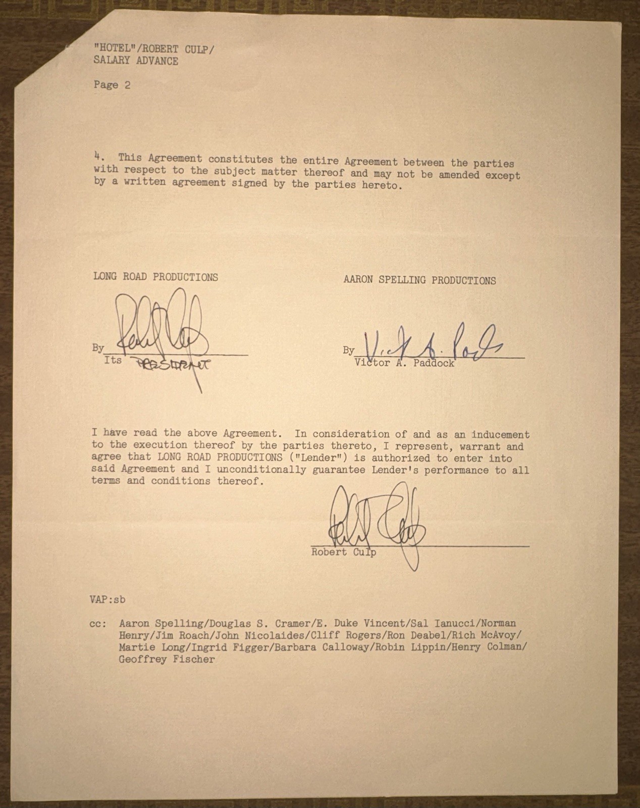 1985 Robert Culp Signed Contract Aaron Spelling Hotel Long Road COA