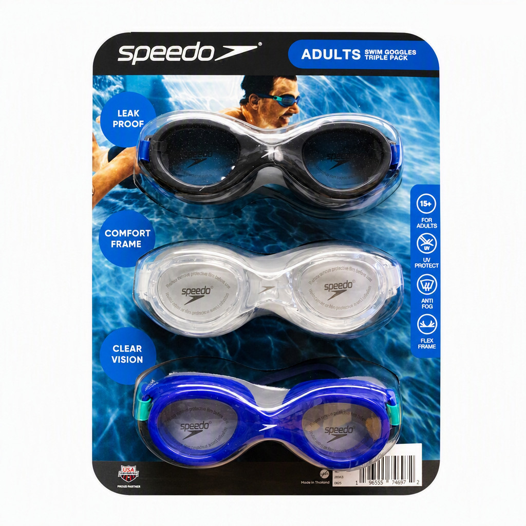 SPEEDO 3 Pack Comfort Adult Swim Goggles Anti Fog Leak Proof Blue / Gray / Clear SPEEDO 3 Pack Comfort Adult Swim Goggles Anti Fog Leak Proof Blue / Gray / Clear